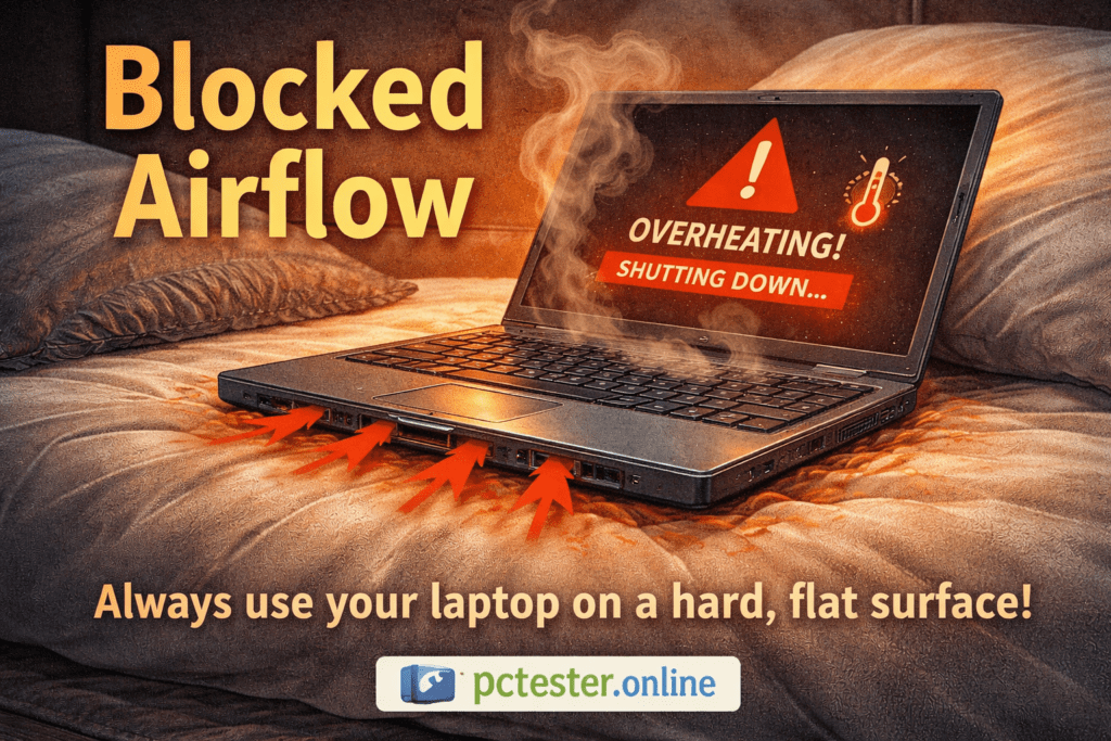 Laptop on a bed with red arrows showing blocked airflow, overheating warning on screen, and text advising use on a hard surface for safety.