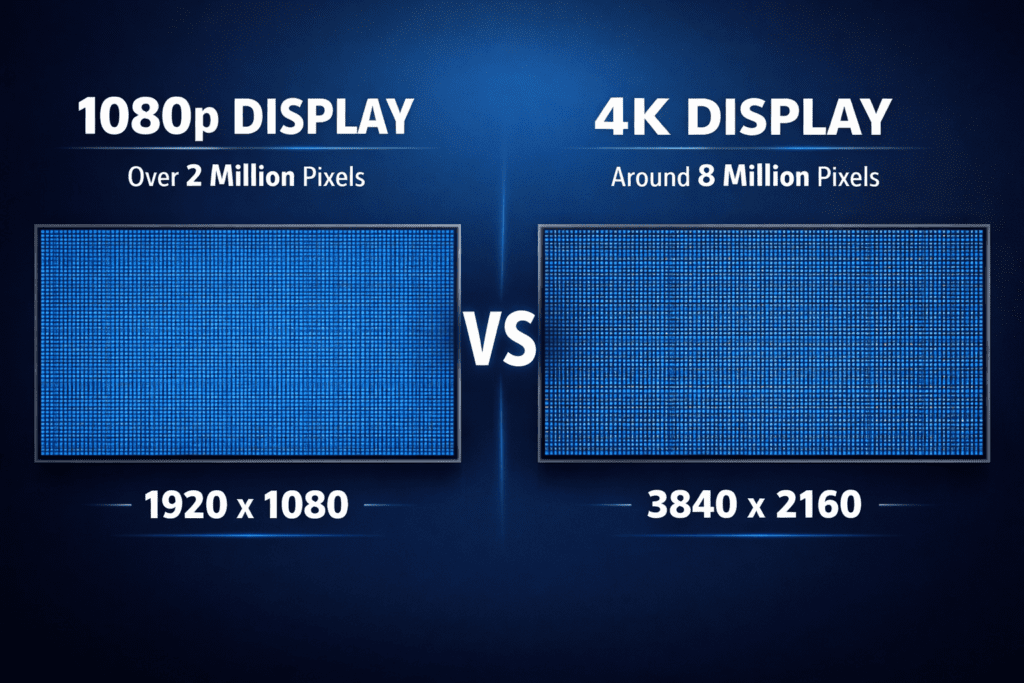 Comparison image of 1080p and 4K displays. Left shows "1080p DISPLAY" with 2 million pixels, size 1920x1080. Right shows "4K DISPLAY" with 8 million pixels, size 3840x2160.