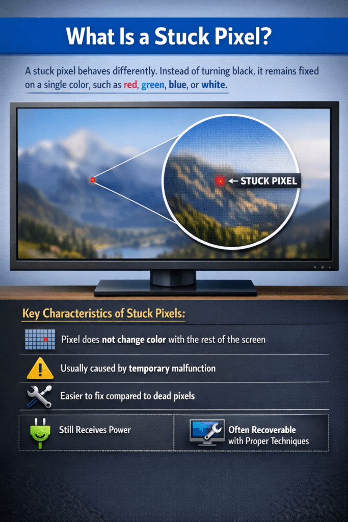 Diagram explaining stuck pixels. A TV screen shows a landscape with a highlighted red dot labeled "stuck pixel," signifying a malfunction. Text outlines characteristics, such as unchanged color, temporary issues, easier fixes, and recoverability.