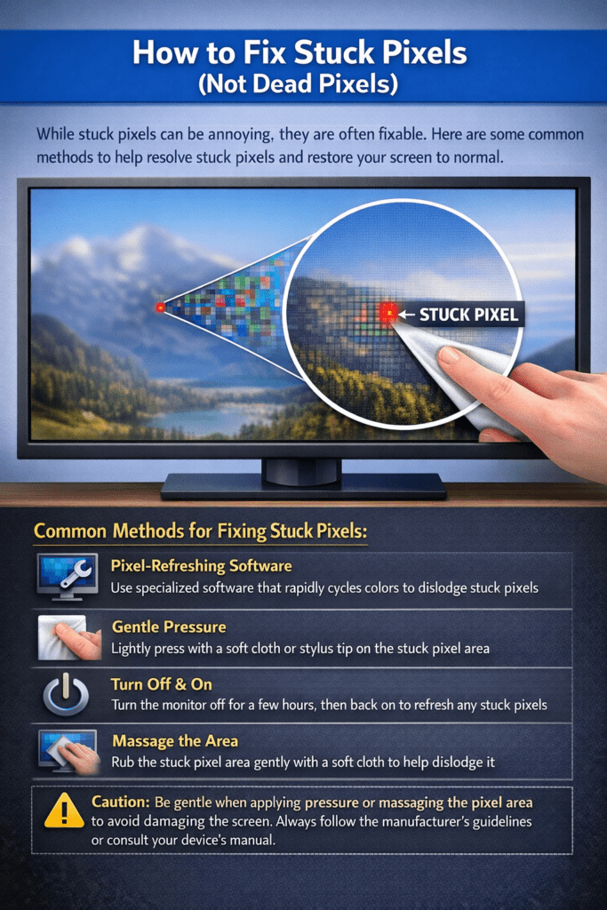 Infographic titled 'How to Fix Stuck Pixels' shows a hand pointing to a stuck pixel on a TV. Methods listed: pixel-refreshing software, gentle pressure, turning off and on, and massaging the area. Tone is informative with caution advised for gentle handling.