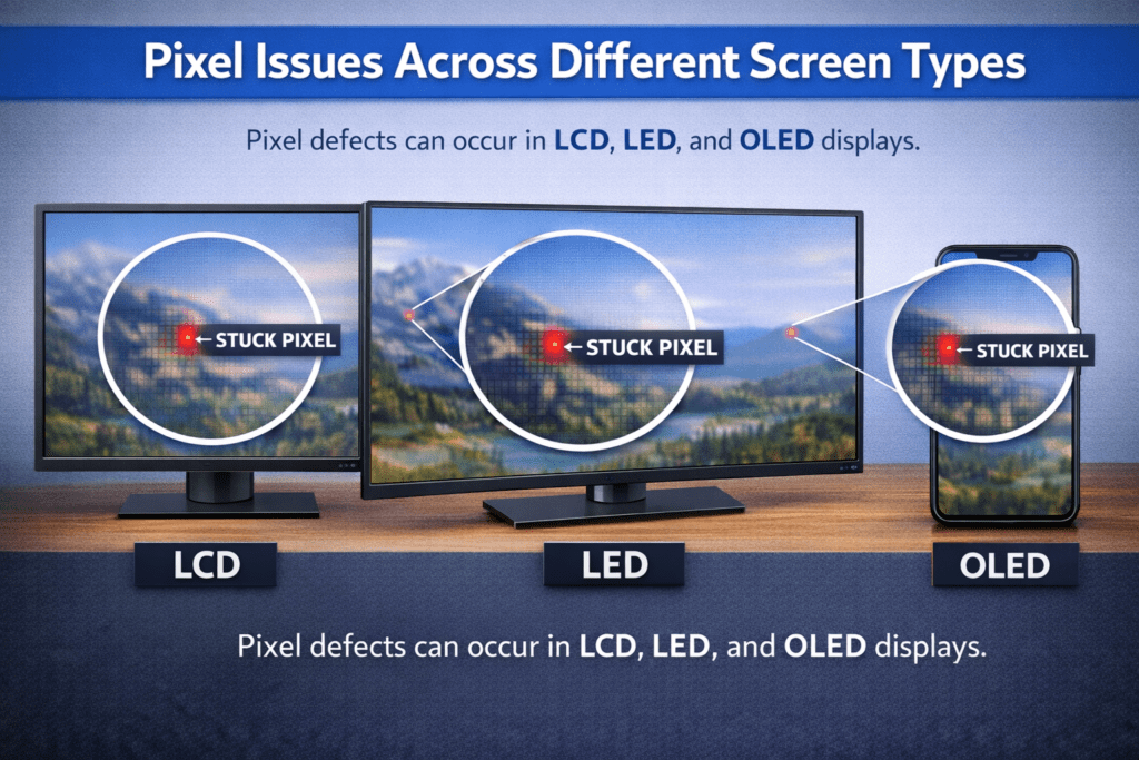 Image showing pixel issues in LCD, LED, and OLED screens, each with a red "stuck pixel" marked. The text explains pixel defects can occur on all displays.