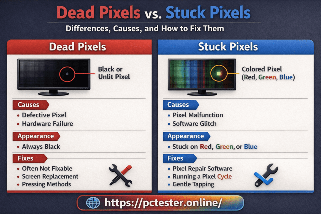 Infographic comparing dead and stuck pixels. Dead pixels appear black and are caused by hardware issues, often unfixable. Stuck pixels show red, green, or blue, caused by software glitches, fixable with repair software.