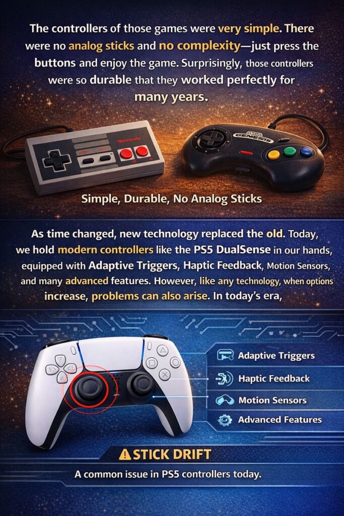 showing a contrast between old and new game controllers. Top: Simple, durable retro controllers with no analog sticks. Bottom: Modern PS5 controller with adaptive triggers, haptic feedback, and stick drift issue highlighted. Text explains the evolution and potential problems in modern designs. Tone is informative and nostalgic.