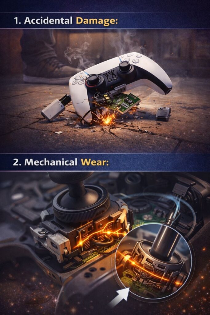 Split image illustrating damage to game controllers: Top half shows a controller with sparks on the ground, labeled "Accidental Damage." Bottom half, details joystick wear with glowing circuitry, labeled "Mechanical Wear."