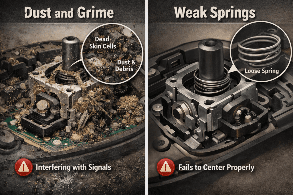 Split image showing two joystick issues. Left: Dust-covered joystick labeled "Dust and Grime" with warnings about signal interference. Right: Joystick with loose spring labeled "Weak Springs," cautioning improper centering.