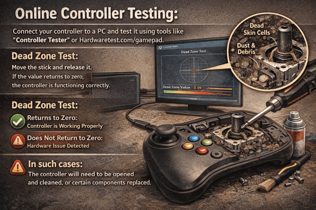 controller testing instructions. Shows a dusty game controller with a removed joystick, screwdrivers, and a computer screen displaying "Dead Zone Test" results. Text explains testing steps and solutions for detected issues. The tone is instructional and informative.