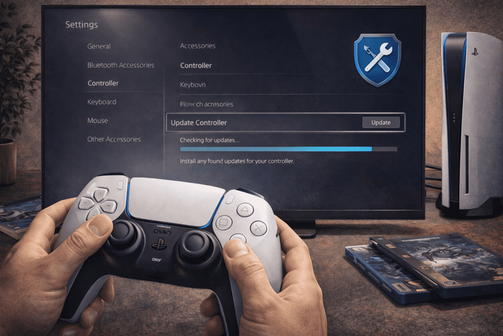 Close-up of hands holding a gaming controller in front of a screen updating software. Nearby, there's a gaming console and game cases on a table.
