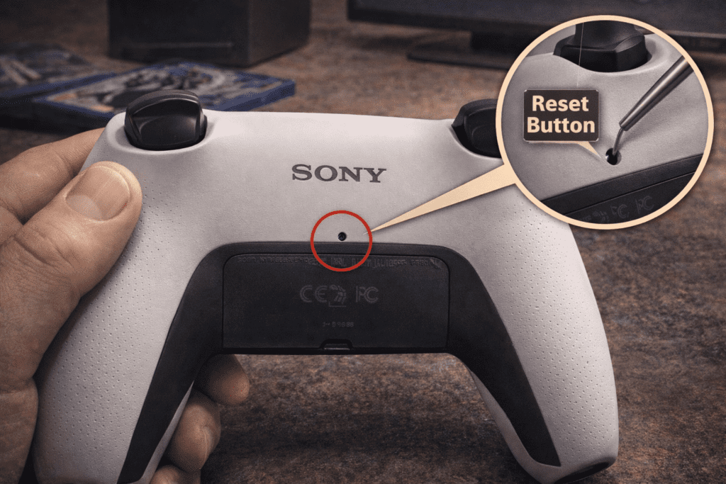 Close-up of a hand holding a Sony gaming controller showing the reset button. An inset highlights the button's location with a diagram.