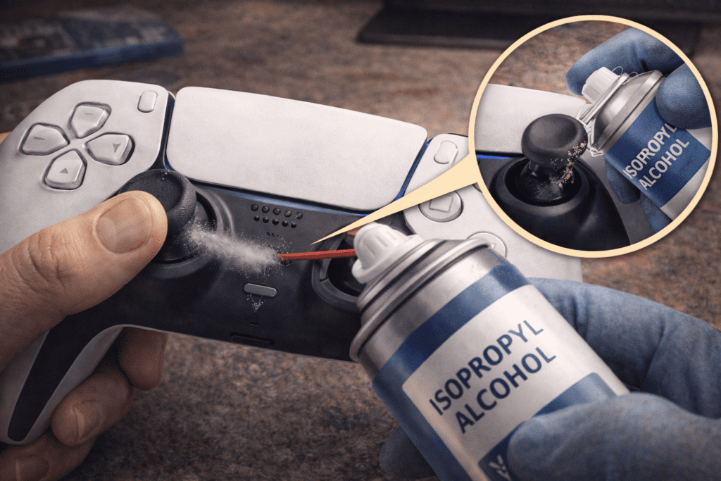 A close-up shows a hand cleaning a gaming controller joystick with isopropyl alcohol. A zoom-in highlights the spray action, emphasizing cleanliness.