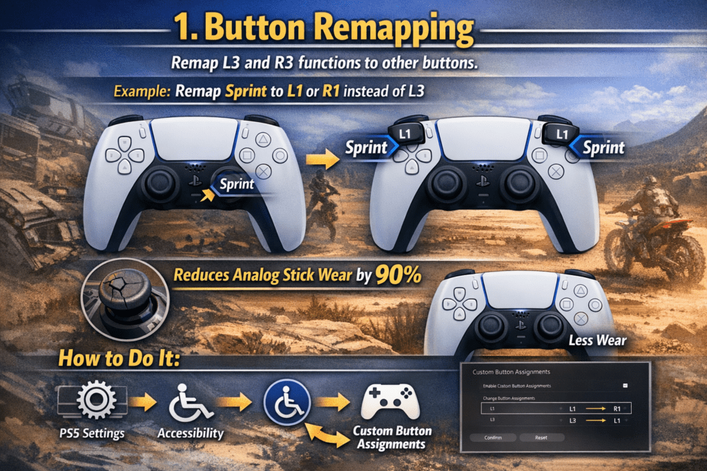 Illustration of PS5 controller button remapping to reduce analog stick wear. Shows remapping "Sprint" from L3 to L1/R1, and steps using PS5 settings and accessibility to customize button assignments. Background features dirt bikes, creating an adventurous tone.