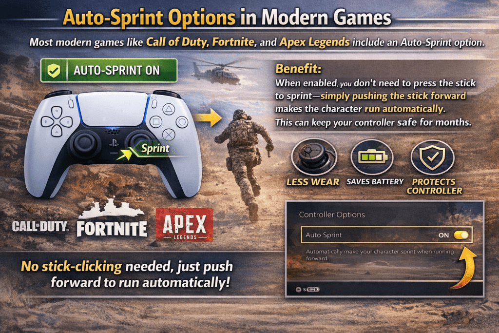 Auto-Sprint Options in Modern Games" with a game controller, a soldier, and logos for Call of Duty, Fortnite, Apex Legends. Text highlights benefits like less wear, saving battery, and protecting the controller. The tone is informative and enthusiastic.