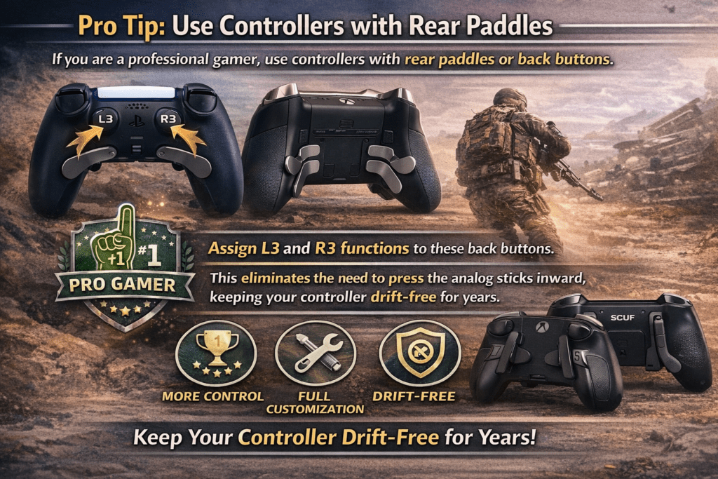 Gaming tip poster showing controllers with rear paddles and a soldier in the background. Highlights assigning L3/R3 to back buttons for drift prevention.