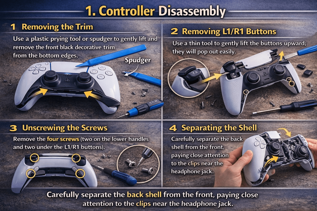 Instructional image on controller disassembly: steps include removing trim, L1/R1 buttons, unscrewing screws, and separating the shell, with tools shown.