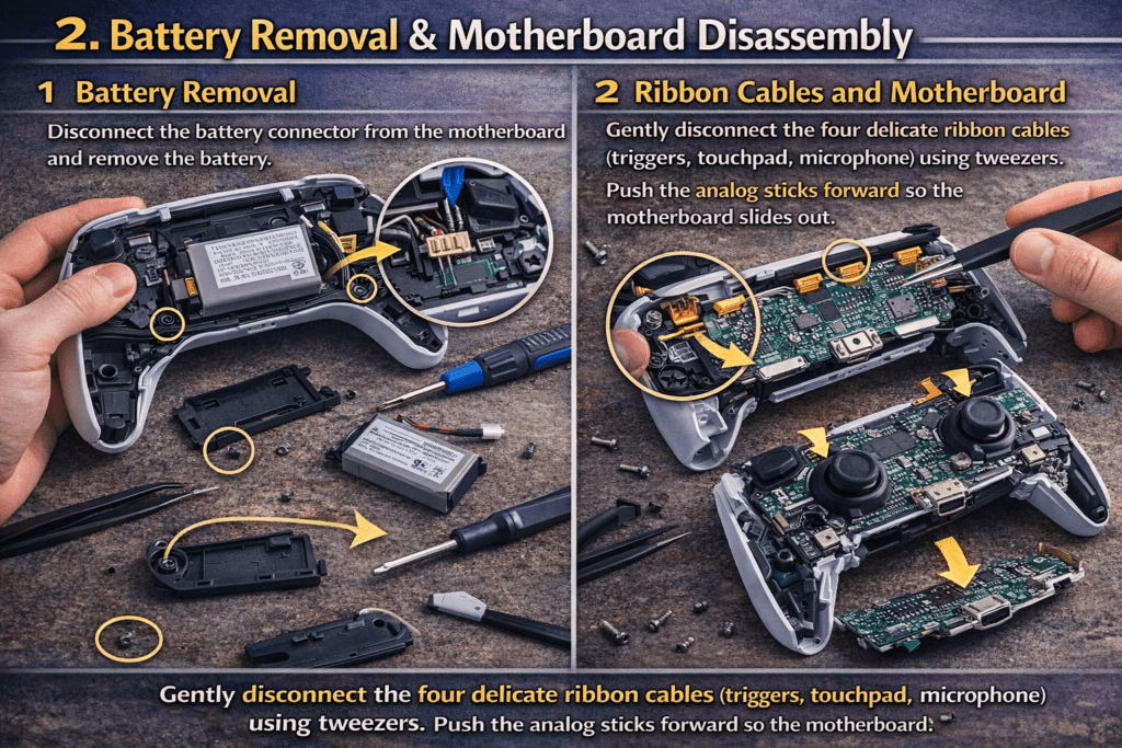 Split image showing steps for disassembling a game controller. Left: Battery removal with tools. Right: Ribbon cable disconnection. Hands use tweezers; informative and technical.