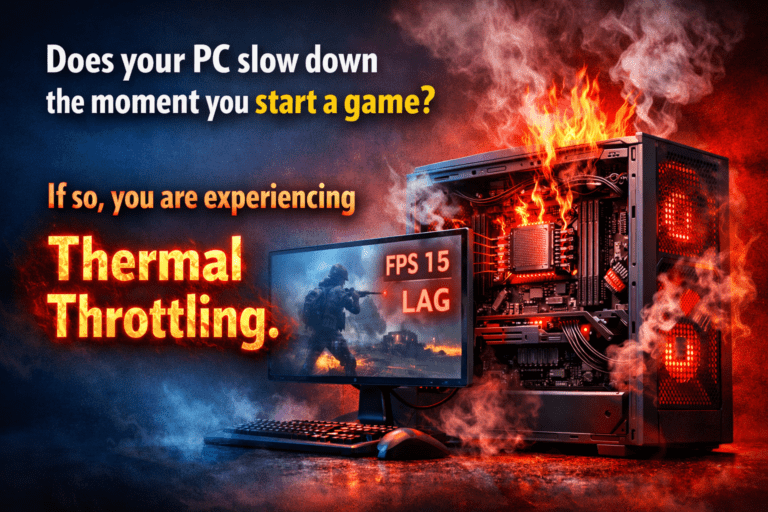 A fiery computer with text: "Does your PC slow down when you start a game? You are experiencing Thermal Throttling." Screen shows "FPS 15 LAG."