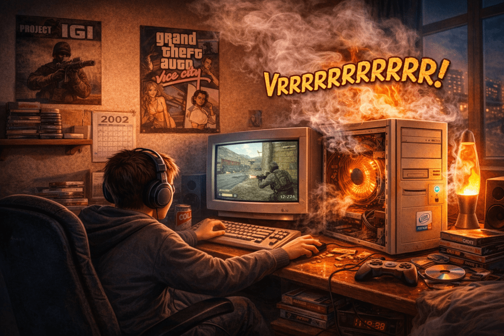 A person wearing headphones plays a computer game in a cluttered room. The old PC emits smoke with a loud “Vrrrr” sound. Posters and a 2002 calendar on the wall add a nostalgic feel.