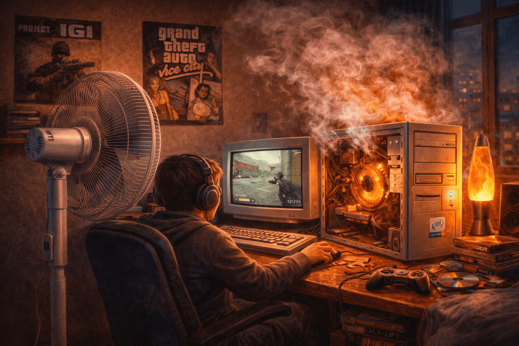 A person with headphones plays a video game on a smoking, overheated PC in a dim room. Posters, a fan, and a lava lamp create a nostalgic vibe.