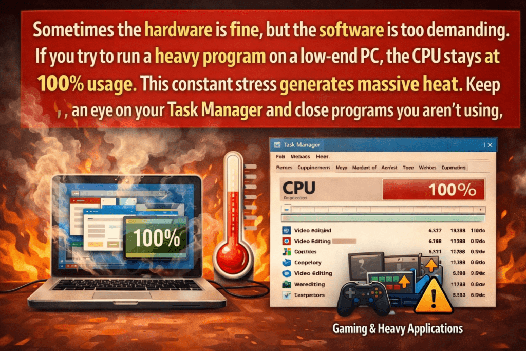 Illustration of a laptop with smoke, flames, and a 100% CPU usage warning. Text warns about stress from heavy programs causing heat. Task Manager suggests closing unused apps.