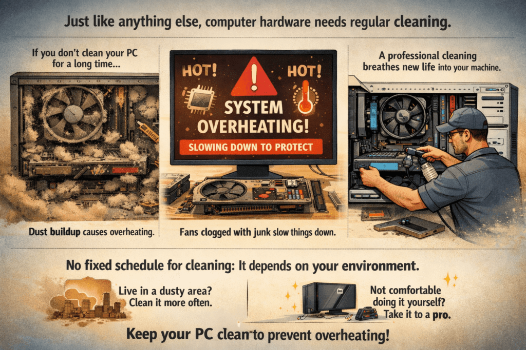 Infographic on PC cleaning. Left shows dusty computer; center warns of "System Overheating"; right depicts a technician cleaning. Encourages regular maintenance.