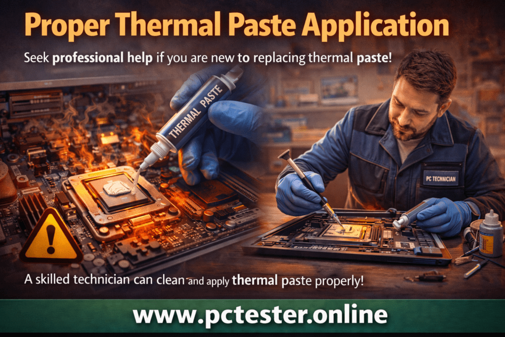 Image showing a technician applying thermal paste on a CPU. Text advises seeking expert help for proper application. Website URL at the bottom.