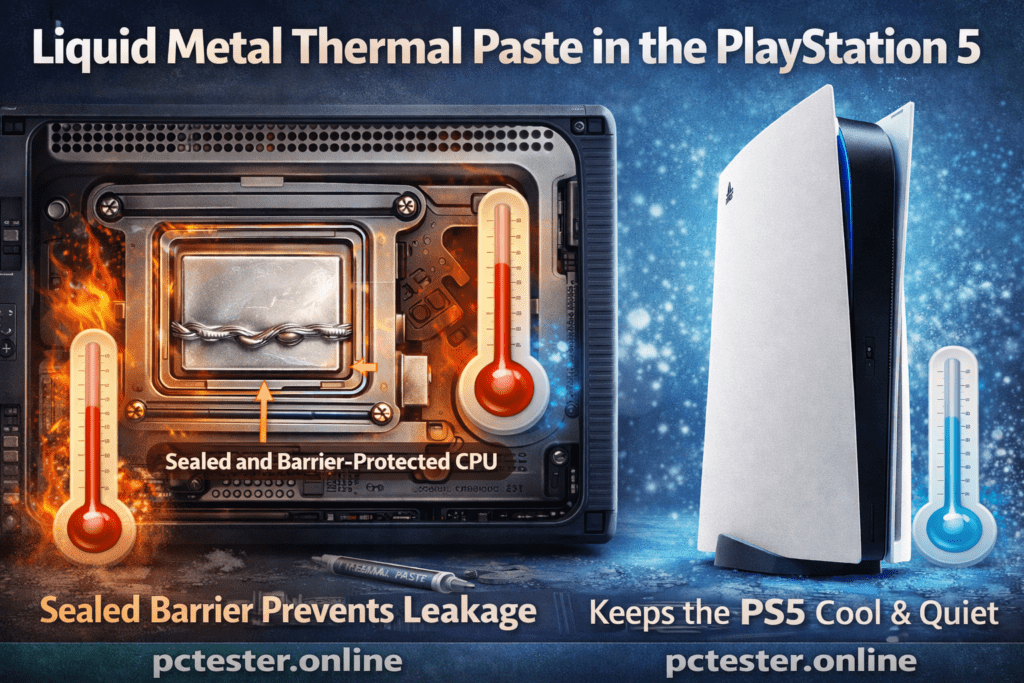 Illustration of a PlayStation 5 highlighting its liquid metal thermal paste technology. Shows CPU with heat indicators, emphasizing cooling and leakage prevention.