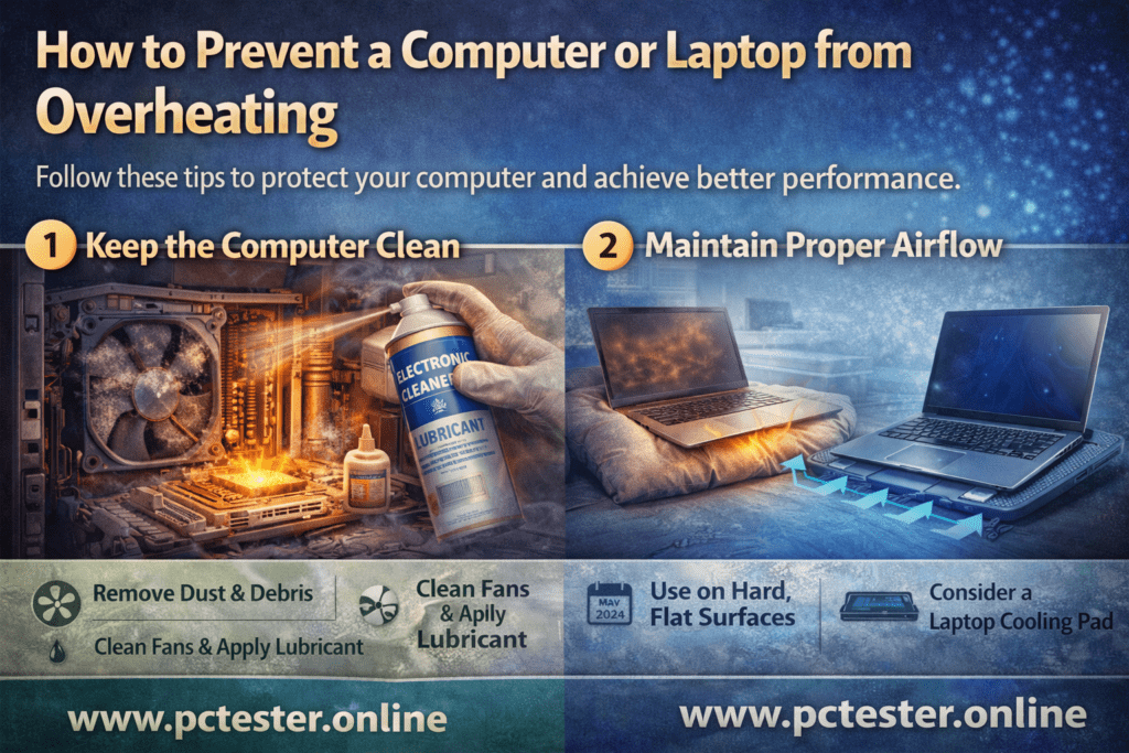 Infographic on preventing computer overheating. Tips include keeping the device clean with electronic cleaner and improving airflow using flat surfaces and cooling pads.