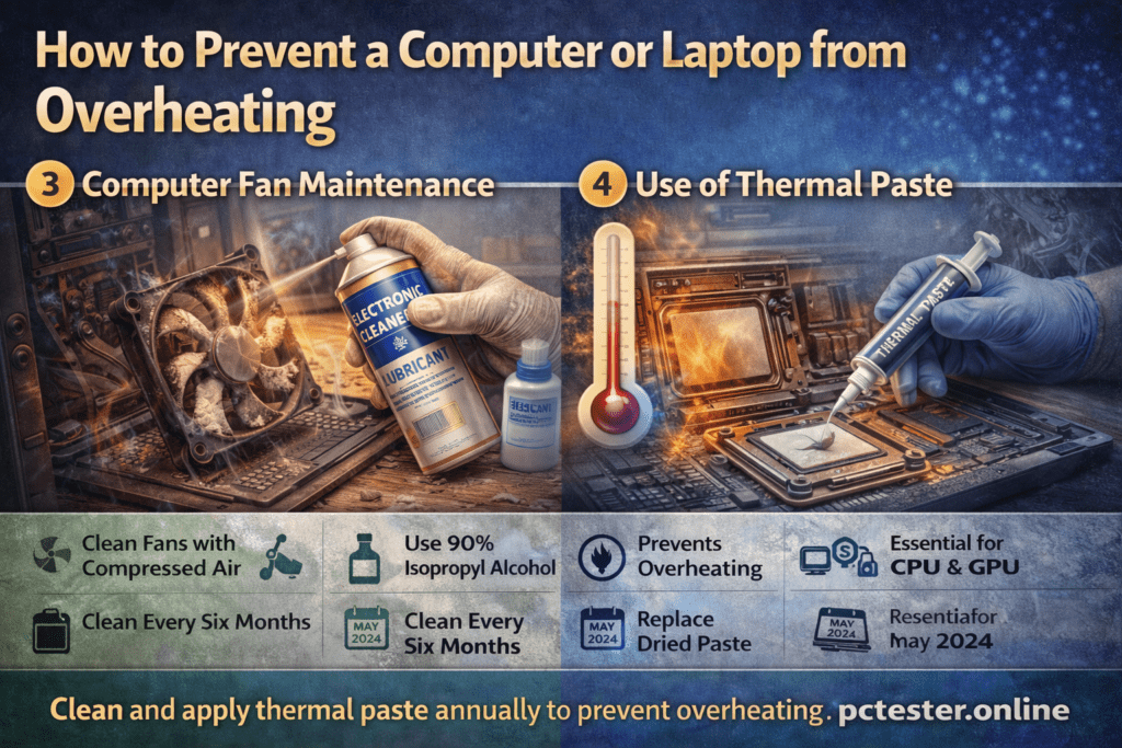 Infographic titled "How to Prevent a Computer or Laptop from Overheating." Shows steps 3 and 4: fan maintenance with electronic cleaner, and applying thermal paste.