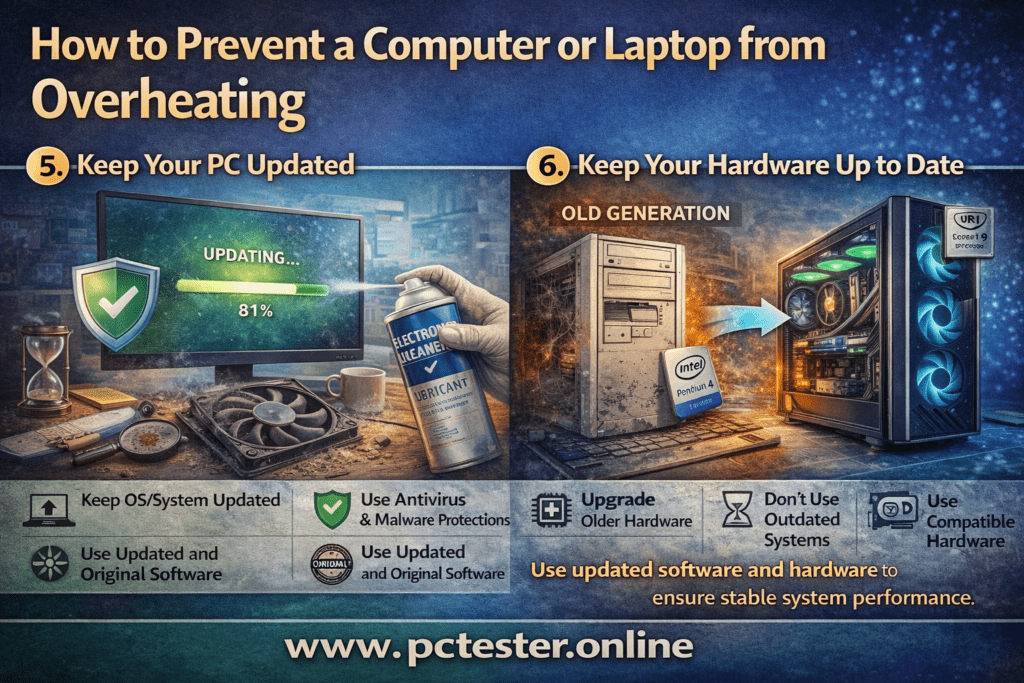 Infographic on preventing computer overheating with two sections: updating software and hardware. Includes visuals of a monitor updating and hardware upgrade.