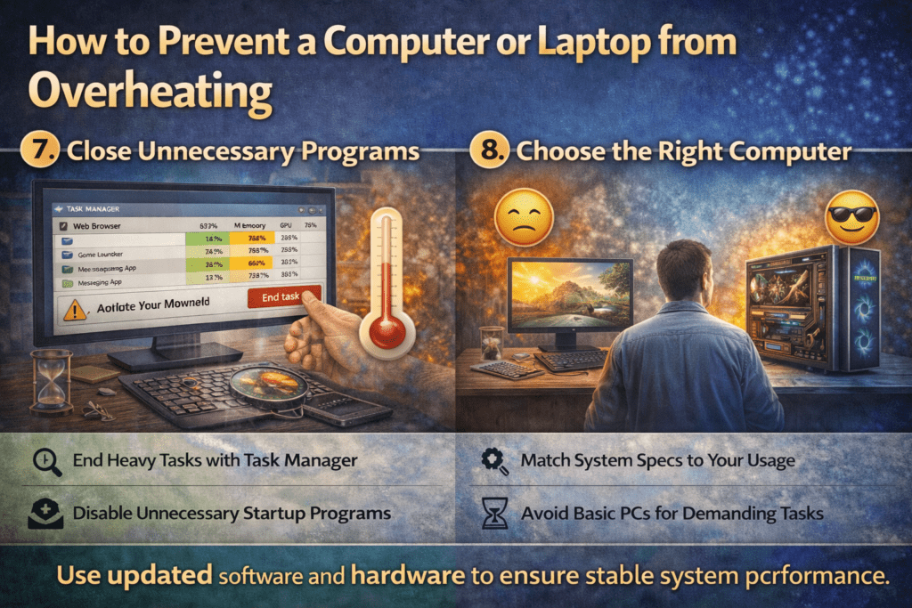 Infographic on preventing computer overheating. Left: closing programs with a thermometer icon. Right: choosing the right computer with happy and sad emojis.