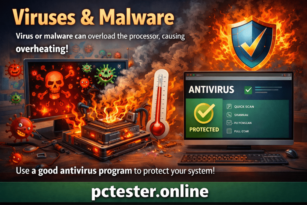 Illustration of viruses overheating a computer, with animated evil virus icons and flames. Antivirus screen shows protection status. Text promotes antivirus use.