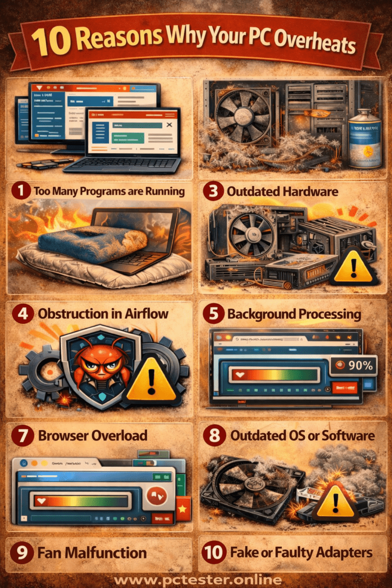 Infographic titled "10 Reasons Why Your PC Overheats." Includes illustrations for each reason: too many programs, outdated hardware, airflow obstruction, background processing, browser overload, outdated software, fan malfunction, and faulty adapters. Features visuals like a laptop on fire, dusty hardware, and warning symbols.