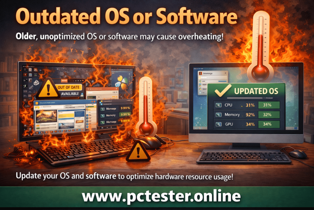 Two computer screens display a fiery scene, warning about outdated software causing overheating. The left screen shows alerts; the right highlights an updated OS.