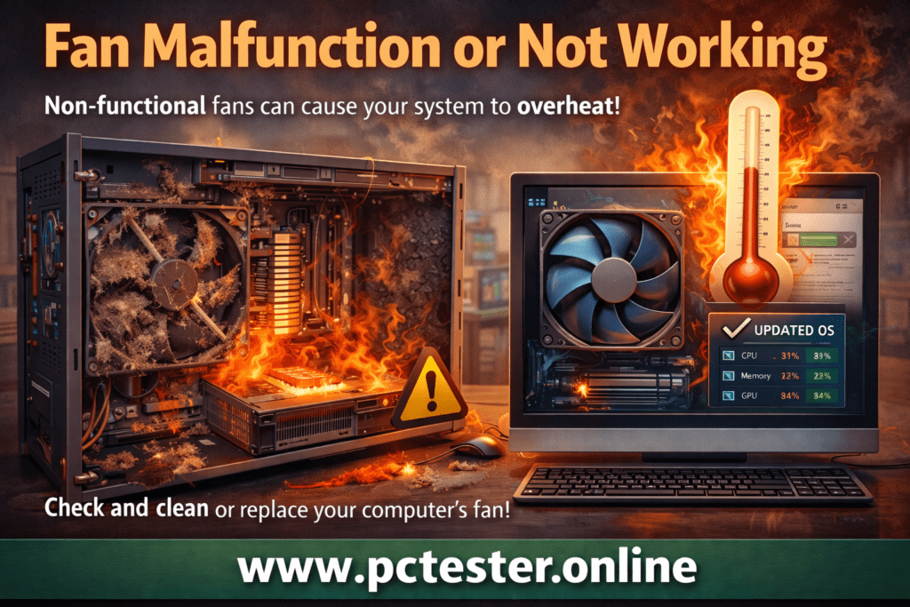 Image of a computer with a dusty fan on fire and a warning sign. A screen shows high temperatures and a thermometer. Text warns of overheating.
