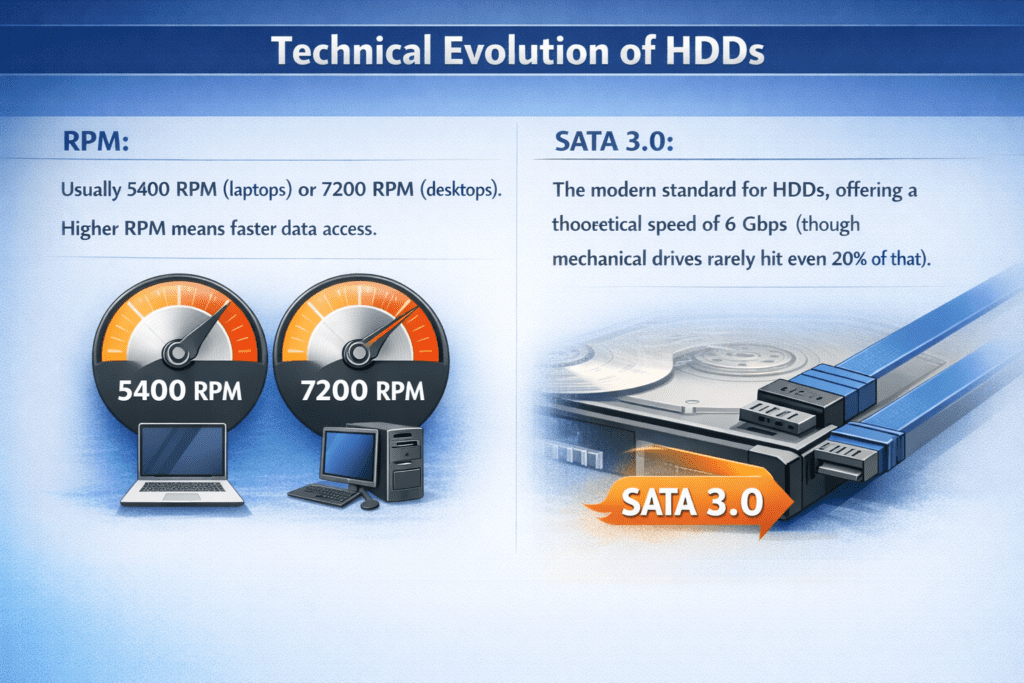 Alt text: "Infographic titled 'Technical Evolution of HDDs' compares HDD features. Left side shows RPM with laptop and desktop images, indicating 5400 and 7200 RPM. Right side highlights SATA 3.0's 6 Gbps speed with an HDD and cables illustration. Text explains performance differences."