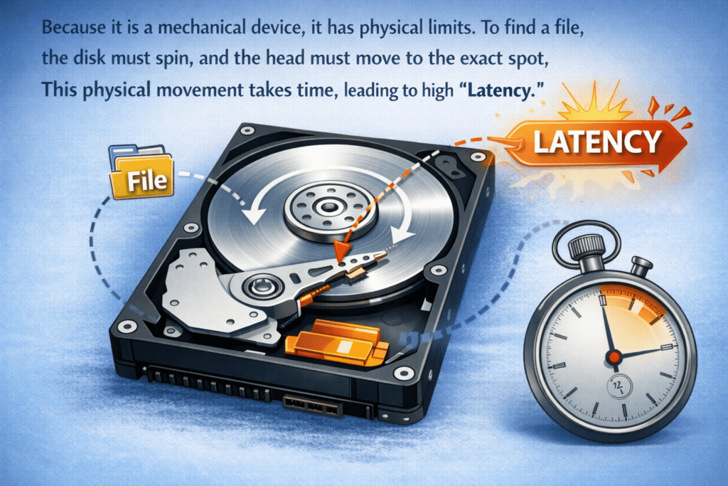 Illustration of a hard drive with arrows showing movement, a file labeled "File," and a stopwatch symbolizing high latency. Text explains disk's physical limits.