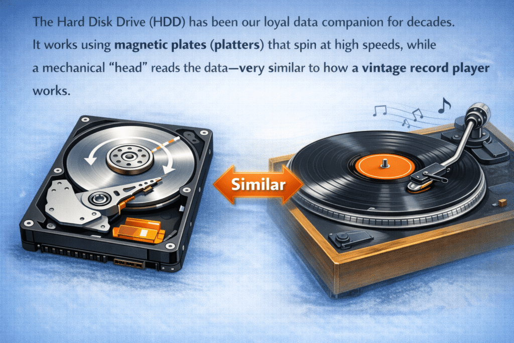 Illustration comparing a hard disk drive and a vintage record player. Both feature spinning platters and a reading head, with an arrow labeled "Similar" between them. Musical notes float above the record player, emphasizing the analogy.