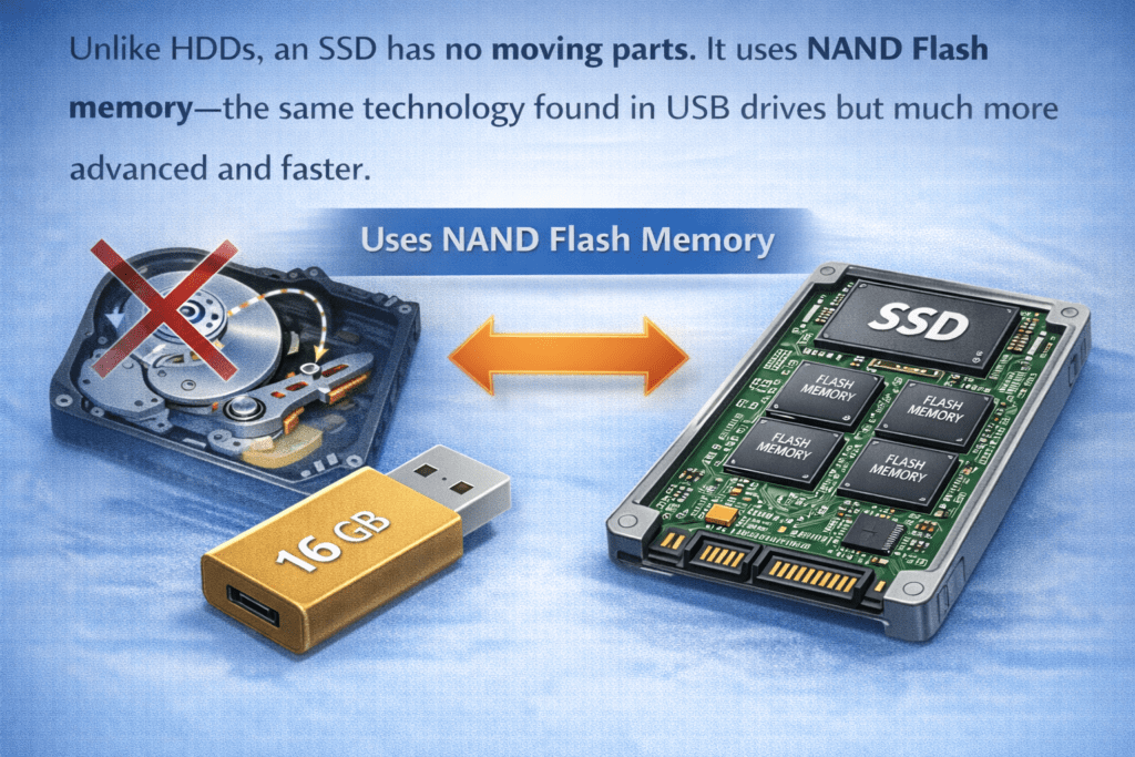 Comparison between hard disk drive and SSD. An SSD uses NAND flash memory, shown with arrows between a 16GB USB and an SSD chip. Text highlights the absence of moving parts in SSDs.