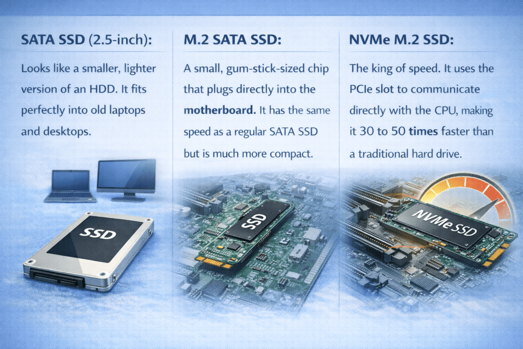 Comparison of SSD types: SATA SSD resembling a hard drive, M.2 SATA SSD as a compact chip, and NVMe M.2 SSD, noted for its speed using PCIe.