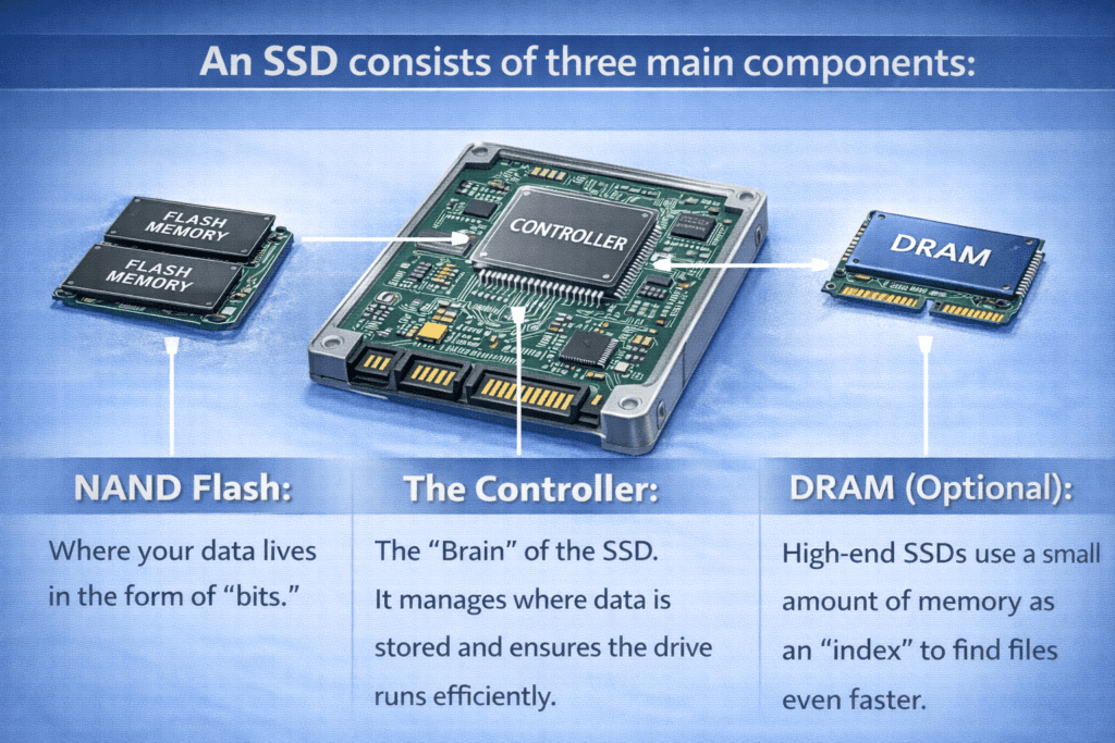 Diagram explaining SSD components: NAND Flash for data storage, Controller for management, and optional DRAM for indexing. Technical and informative tone.
