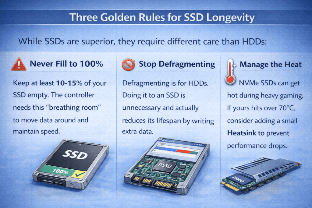 Alt text: "Infographic titled 'Three Golden Rules for SSD Longevity' with three sections: Never Fill to 100%, Stop Defragmenting, and Manage the Heat. Each section includes icons and illustrations of SSDs. The background is a blue gradient, and the tone is informative."