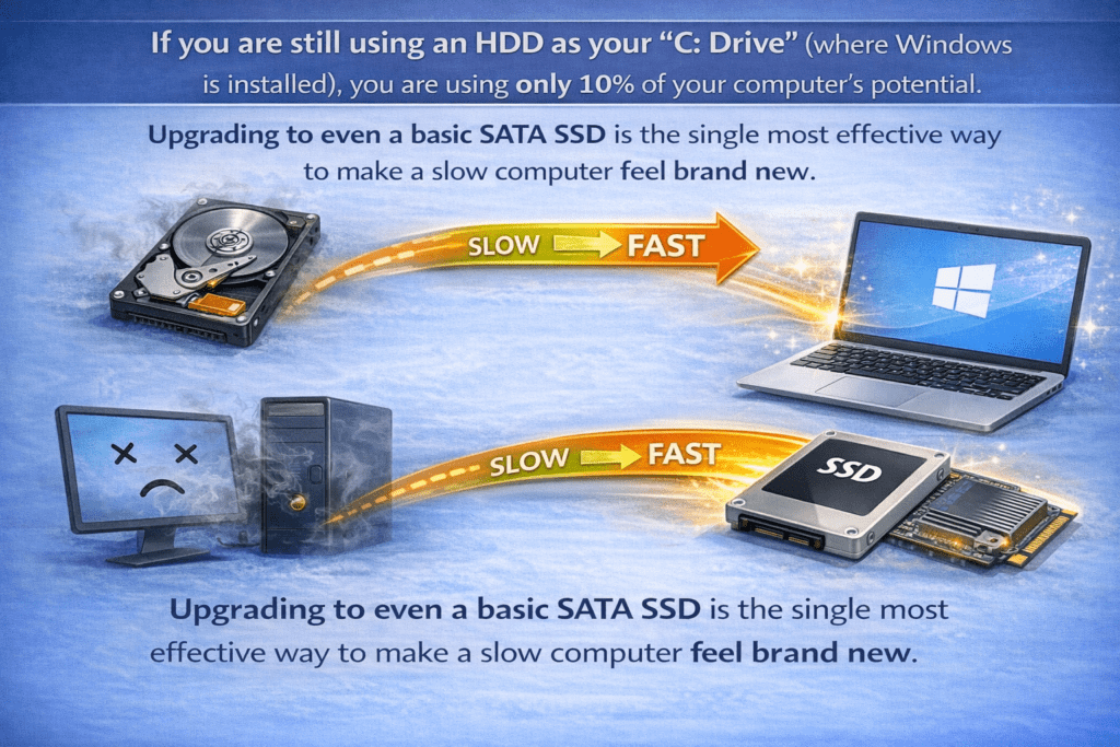 Illustration shows a HDD transforming into a faster SSD, improving computer speed. A sad, slow PC becomes fast and happy with an SSD upgrade.