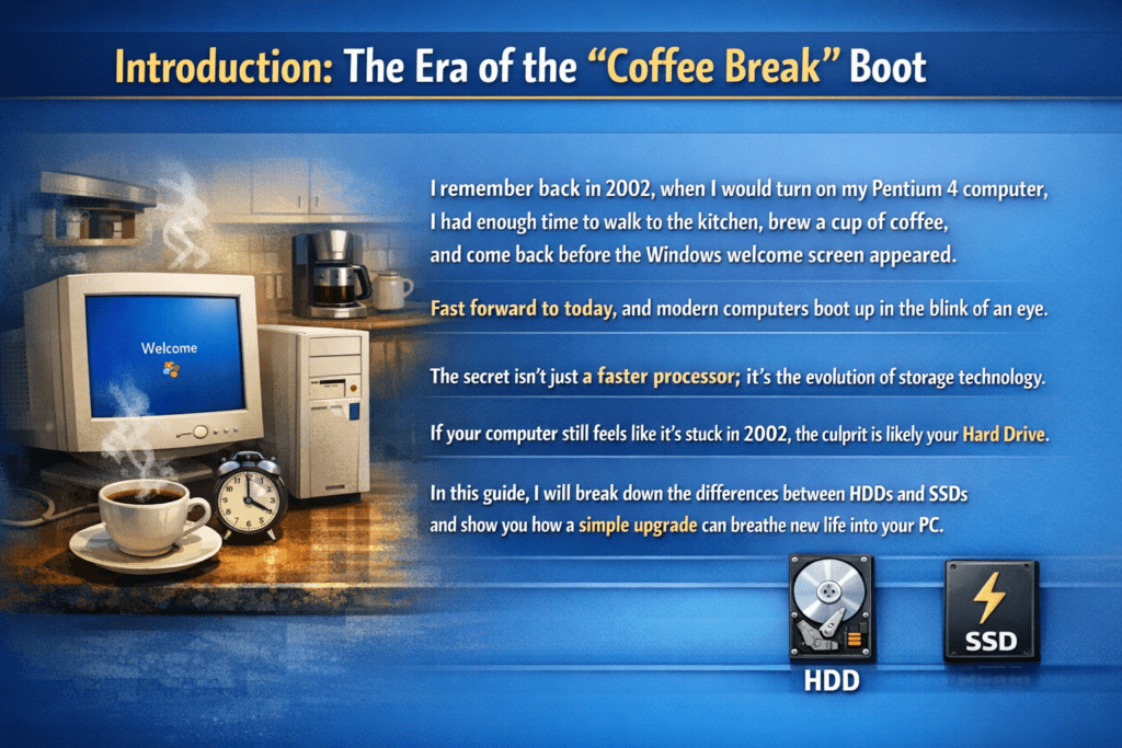 Alt text: "Illustration featuring an old computer with a 'Welcome' screen beside a cup of coffee and clock. Text describes 2002's slow boot times vs. modern quick startups, emphasizing the role of SSDs over HDDs for faster performance."