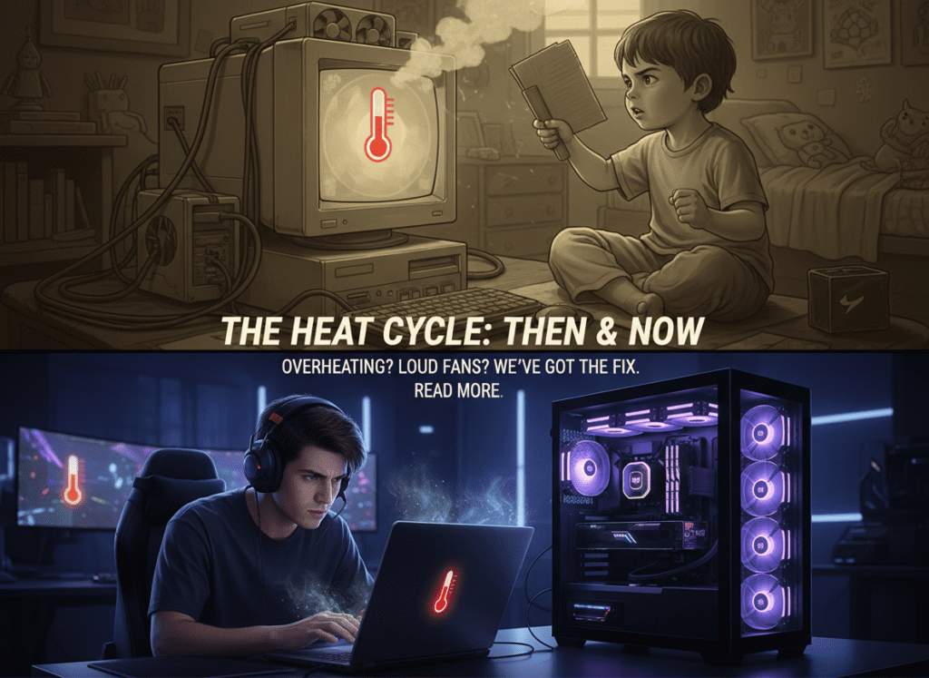 Split image contrasting past and present tech issues. Top: Sepia-toned child frustrated by old overheating PC. Bottom: Modern gamer facing cooling problems. Text: “The Heat Cycle: Then & Now.”