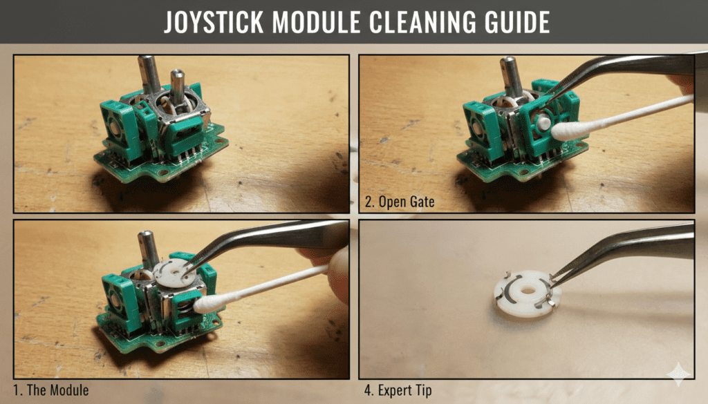 Joystick module cleaning guide with four steps. Image 1: Joystick module on a table. Image 2: Cleaning the joystick gate with a cotton swab. Image 3: Cotton swab used to clean a different area of the module. Image 4: Expert tip showing tweezers holding a small part of the module."