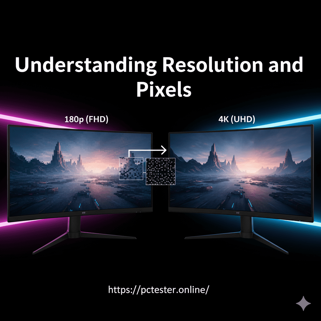 Two monitors side by side compare resolution: 1080p (FHD) on the left and 4K (UHD) on the right, showing pixel clarity differences in a mountain scene.