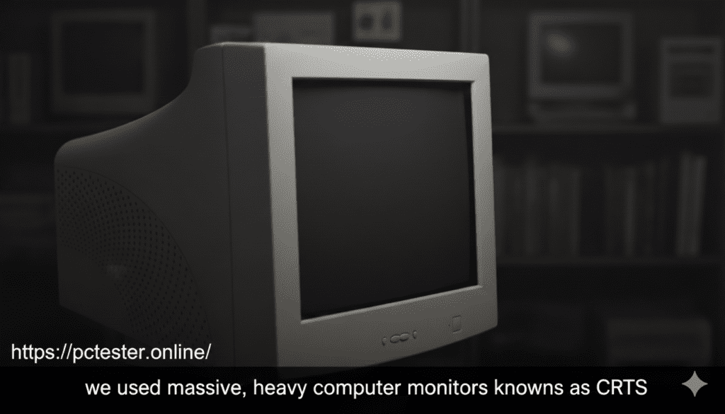 An old CRT computer monitor in a dim room. Text reads, "we used massive, heavy computer monitors known as CRTs," conveying nostalgia.