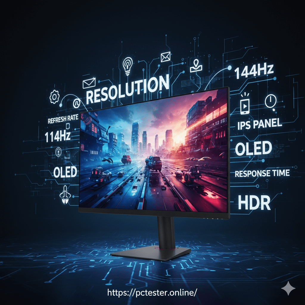 A sleek monitor displays a futuristic cityscape with vibrant colors. Surrounding text highlights specs: 144Hz, OLED, HDR, delivering a tech-focused atmosphere.