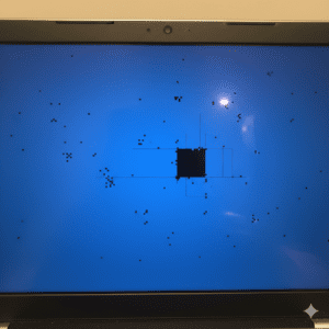 A laptop screen with a blue background displays scattered black pixels, centered around a larger pixel cluster. The image conveys a sense of digital abstraction.