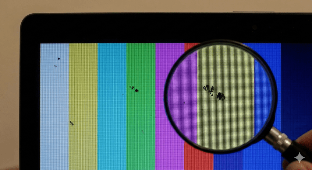 A magnifying glass held over a computer screen displays vertical stripes in red, blue, green, and yellow. Dark spots are visible, highlighting screen damage.