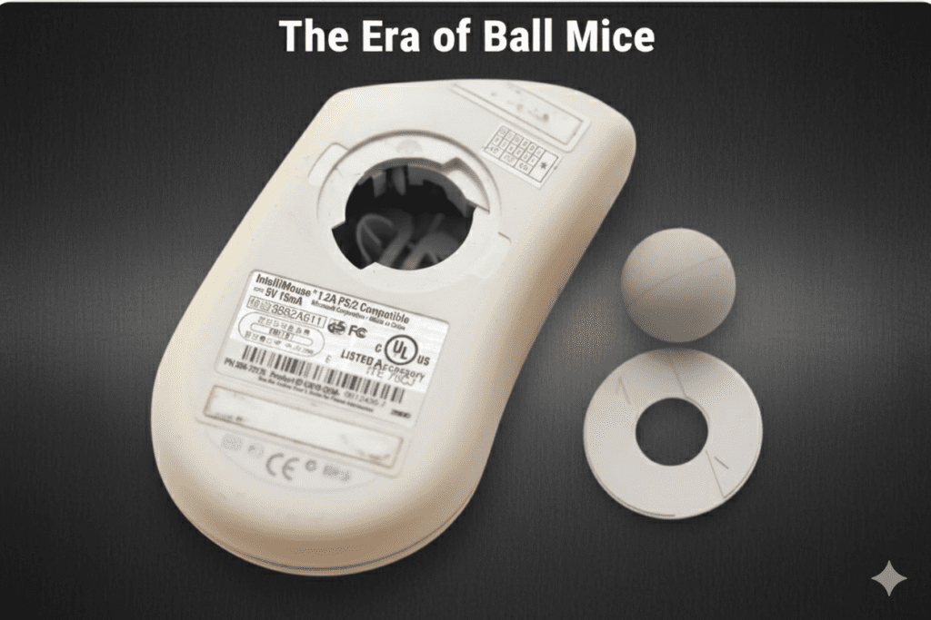 A disassembled beige ball mouse on a dark surface. The removed circular panel and ball are beside it, with text above reading "The Era of Ball Mice."